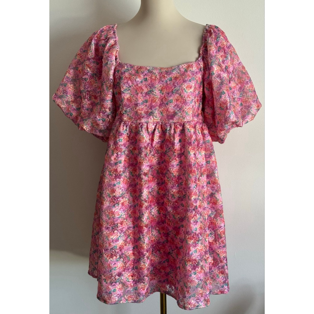 Women's LOVELO Pink Floral Mini Dress with Puff Sleeves - Size M